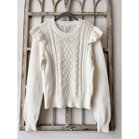 Veronica Beard Sweaters - Veronica Beard Earl Crew Neck Cable Knit Sweater White Ruffle Pom Cotton NWT